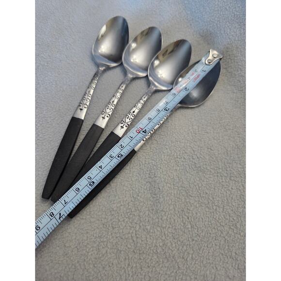 Lot 4 Swirl Black Interpur Japan Teaspoon Flatware Spoons MCM - Picture 4 of 6
